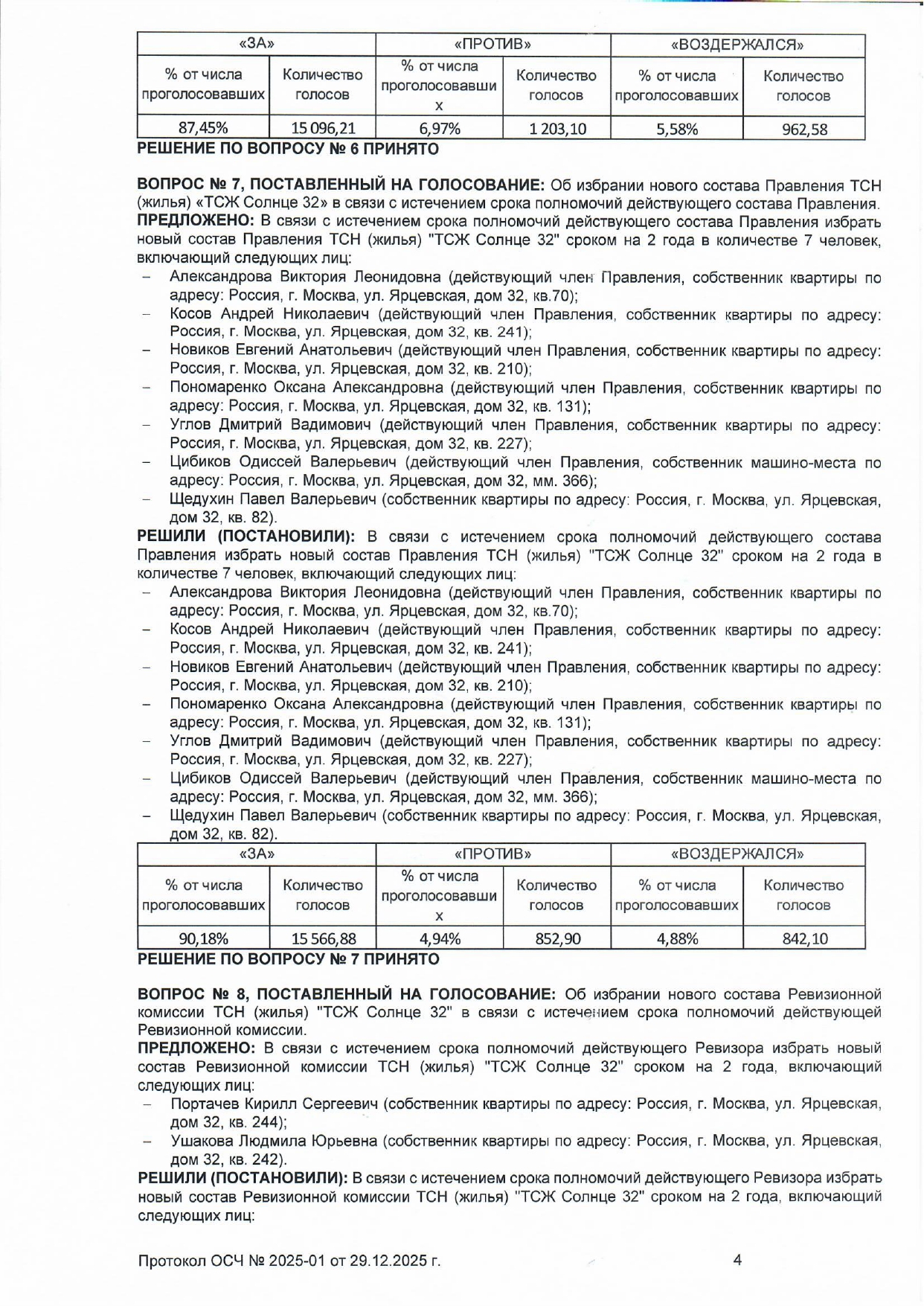 Протокол ОСЧ №2025-01 в форме очно-заочного голосования от 29.12.2025 года стр.4  